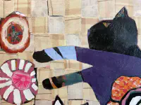 my cat is a flower leopard in his dreams, Fabric collage and acrylic on canvas, 30 × 40 in. (detail 1)