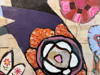 my cat is a flower leopard in his dreams, Fabric collage and acrylic on canvas, 30 × 40 in. (detail 2)