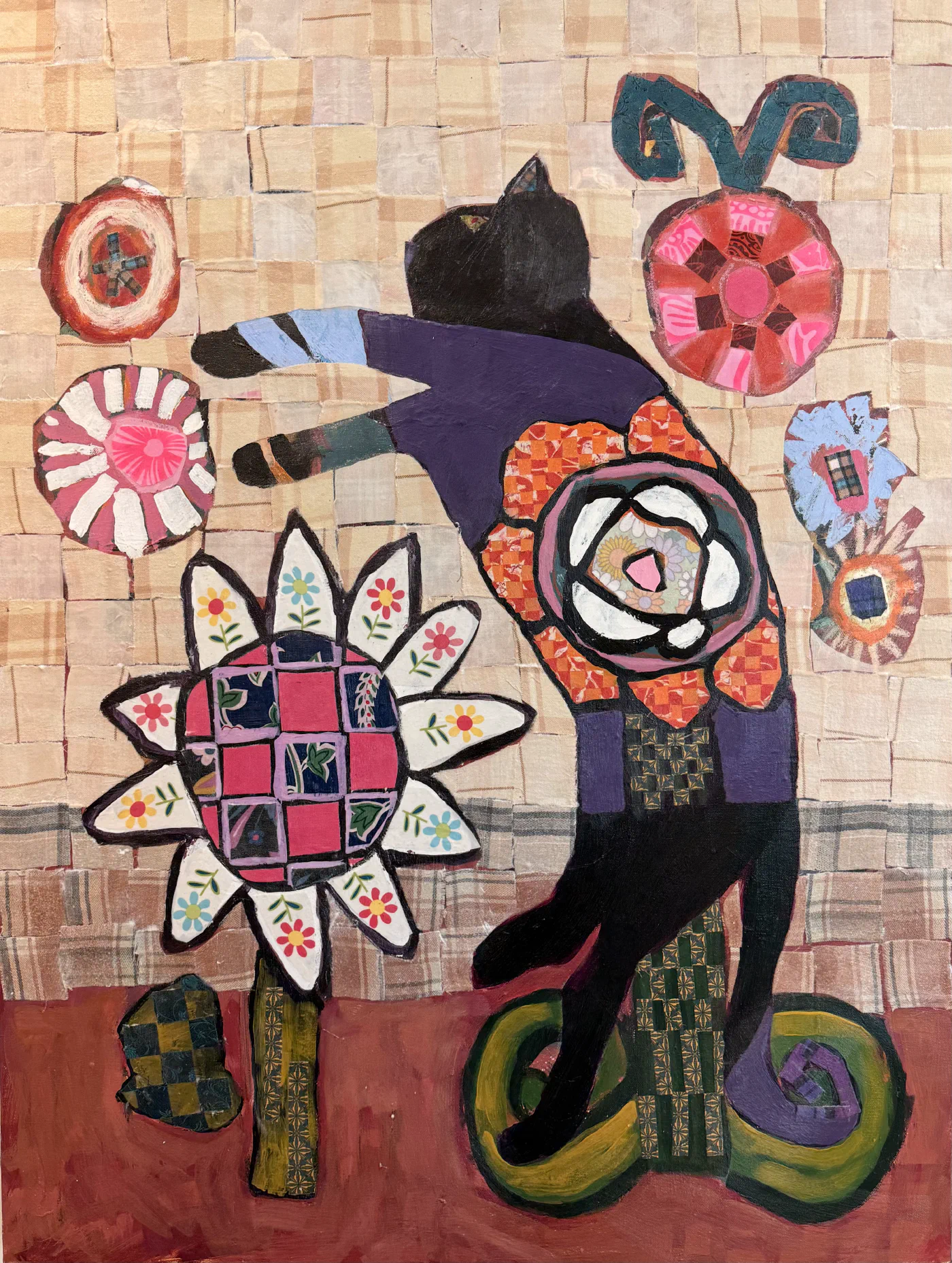 my cat is a flower leopard in his dreams, Fabric collage and acrylic on canvas, 30 × 40 in.