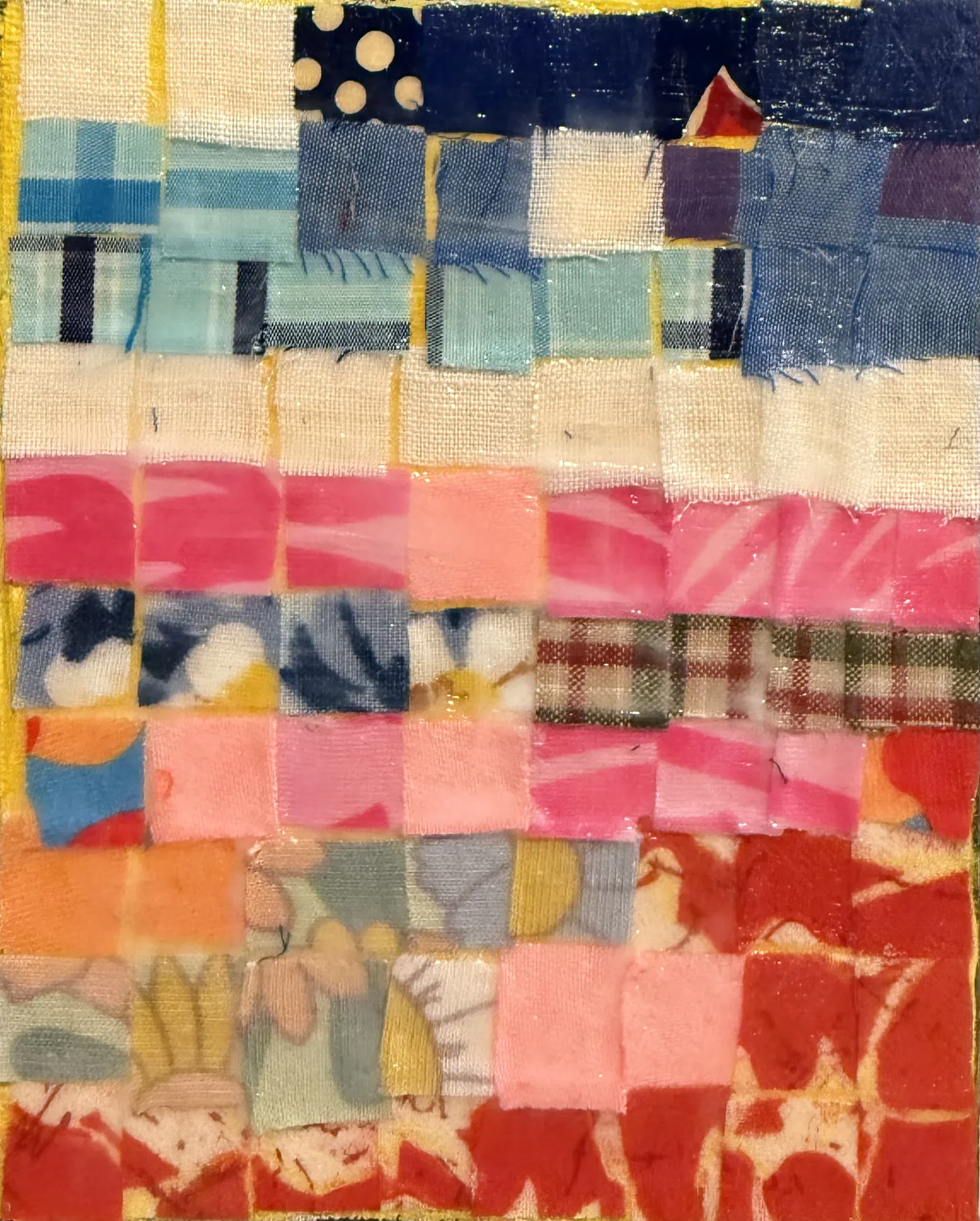 sunrise coast, Acrylic and fabric collage on canvas panel, 4 × 5 in.