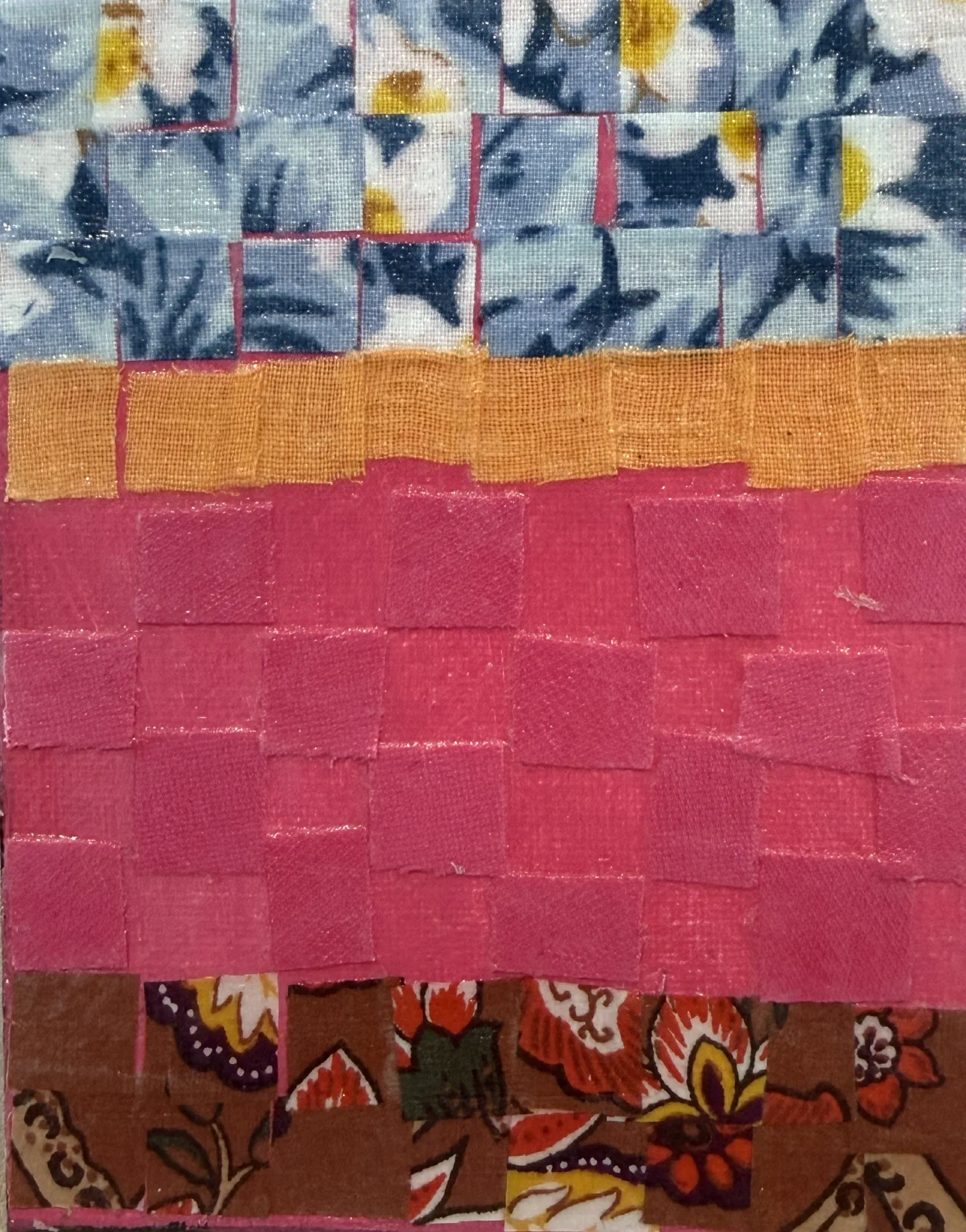 the river pink, Acrylic and fabric collage on canvas panel, 4 × 5 in.