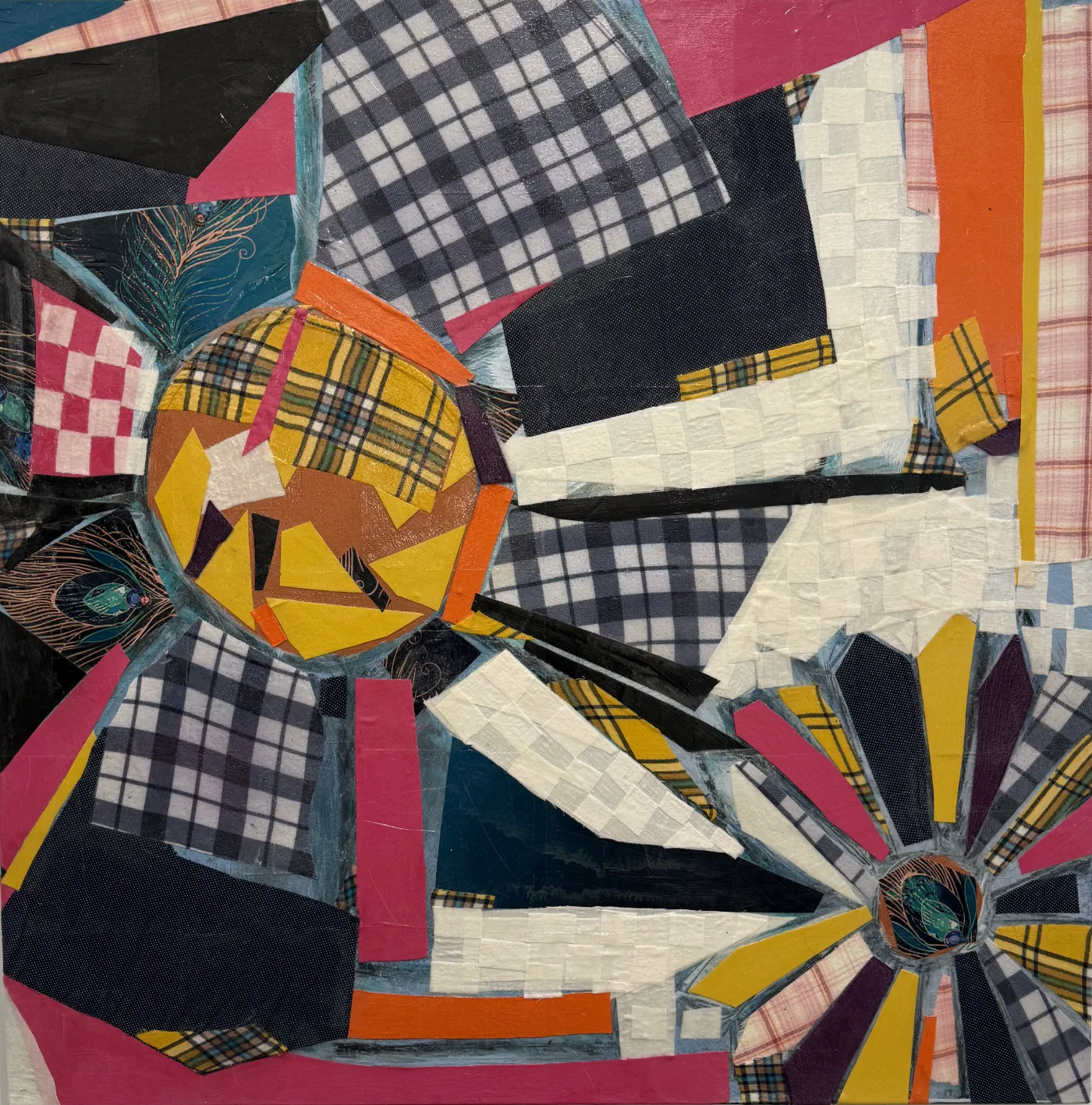 What She Made: Flower Block, Fabric collage and acrylic on canvas, 30 × 30 in.