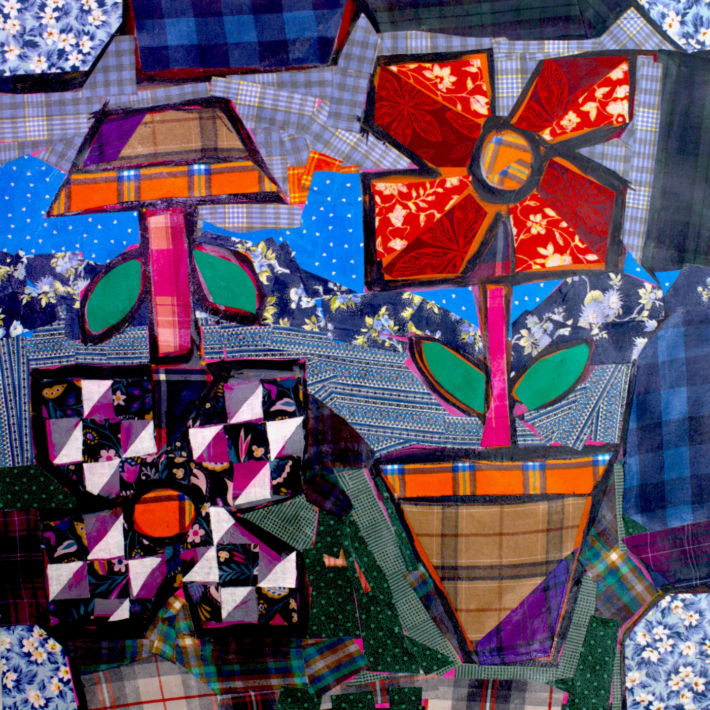 What She Made: Flower Pots No. 24, Fabric collage and acrylic on canvas, 30 × 30 in.