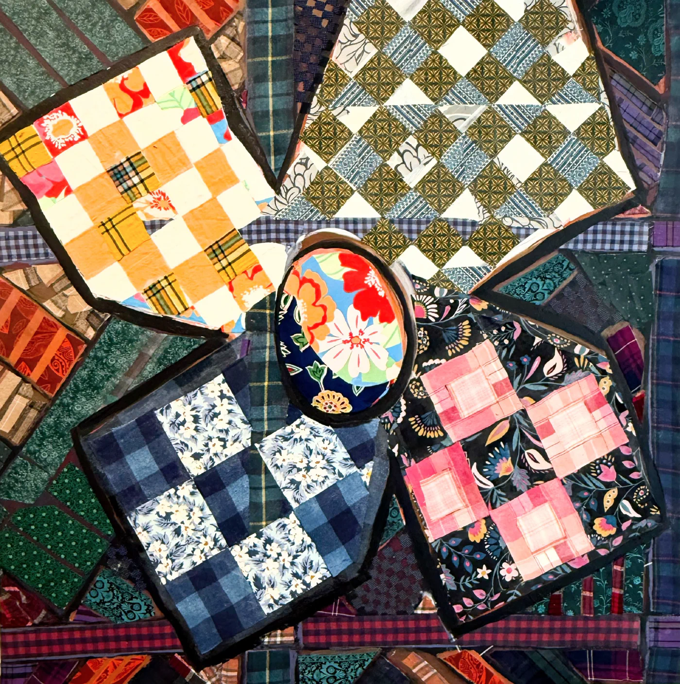 What She Made: Pinwheel 6, Fabric collage and acrylic on canvas, 30 × 30 in.