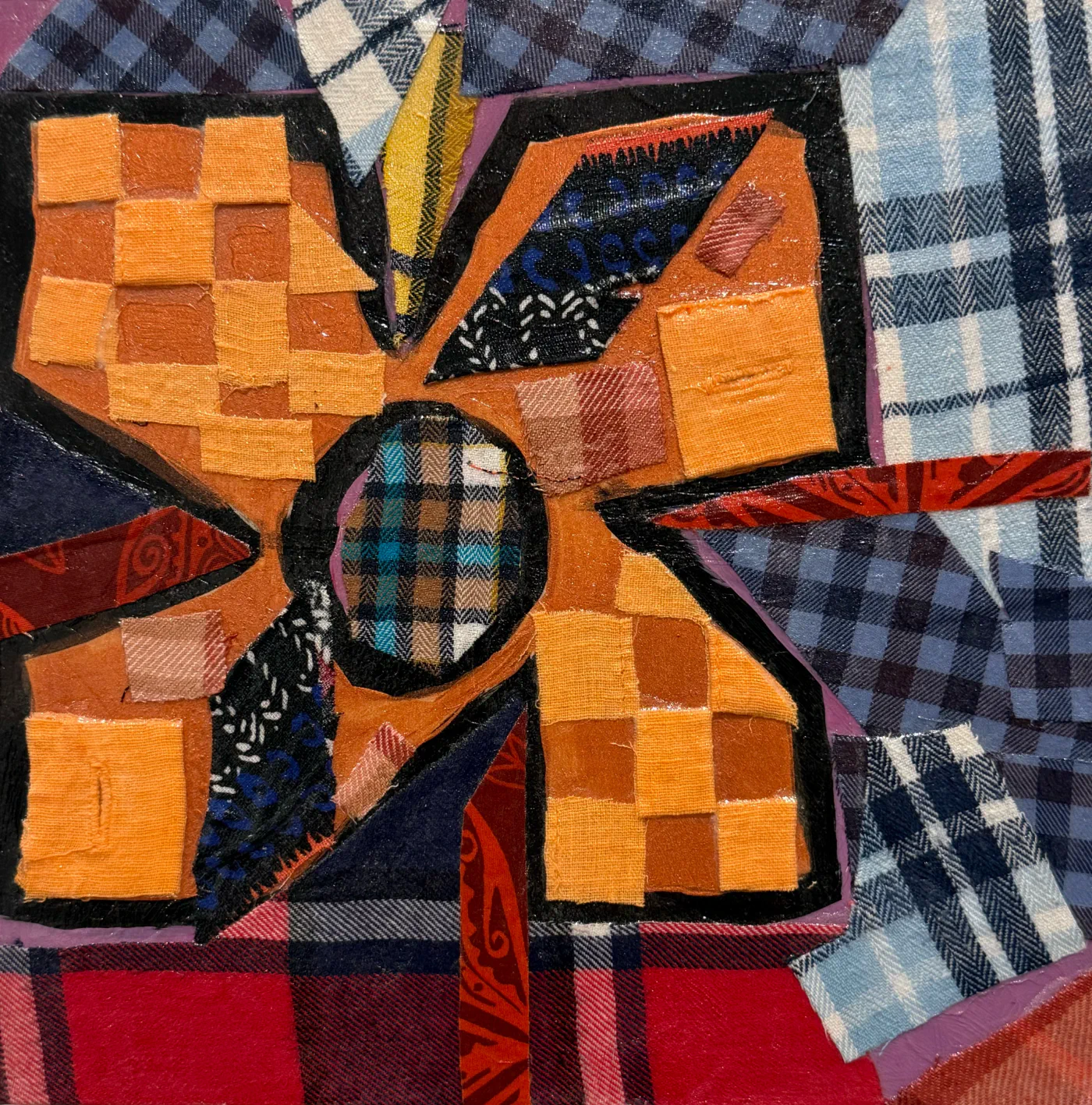 What She Made: Quilt Squares 1, Fabric collage and acrylic on wood panel, 8 × 8 in.