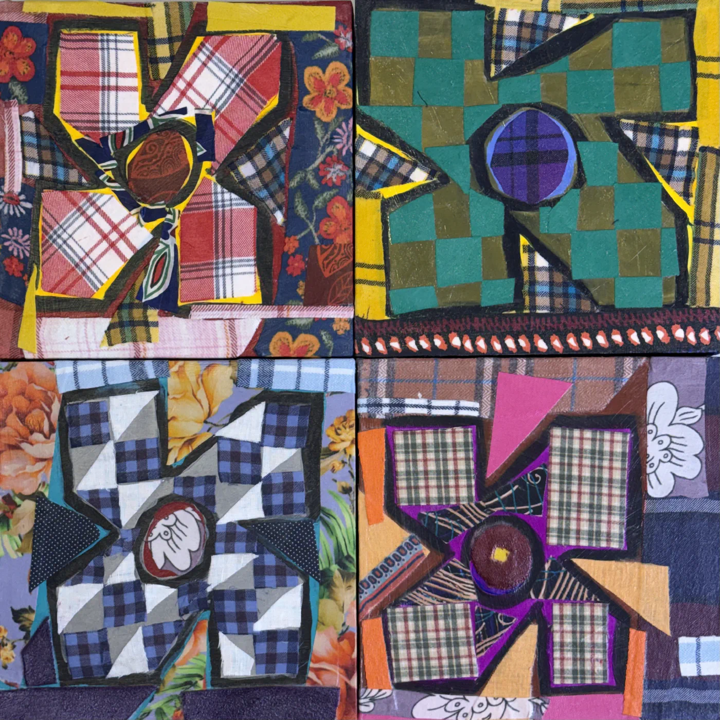 What She Made: Quilt Squares 2, 6, 7 and 8, Fabric collage and acrylic on wood panel, 16 × 16 in.