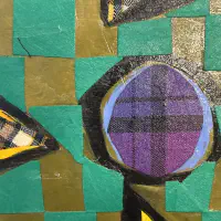 What She Made: Quilt Squares 2, Fabric collage and acrylic on wood panel, 8 × 8 in. (detail 1)