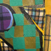What She Made: Quilt Squares 2, Fabric collage and acrylic on wood panel, 8 × 8 in. (detail 2)