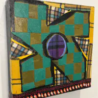 What She Made: Quilt Squares 2, Fabric collage and acrylic on wood panel, 8 × 8 in. (detail 3)