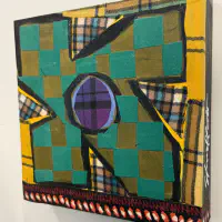What She Made: Quilt Squares 2, Fabric collage and acrylic on wood panel, 8 × 8 in. (detail 4)