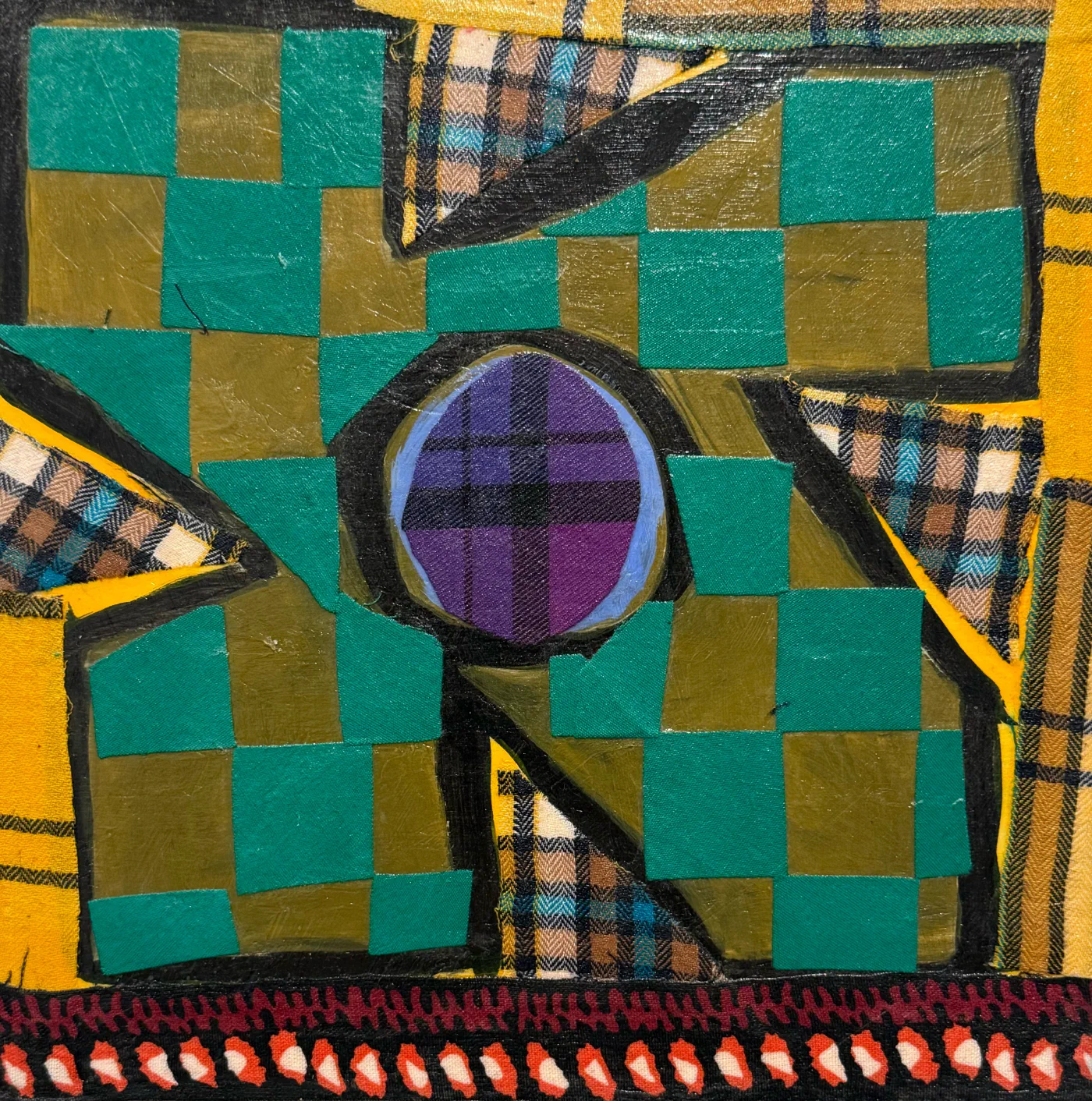 What She Made: Quilt Squares 2, Fabric collage and acrylic on wood panel, 8 × 8 in.