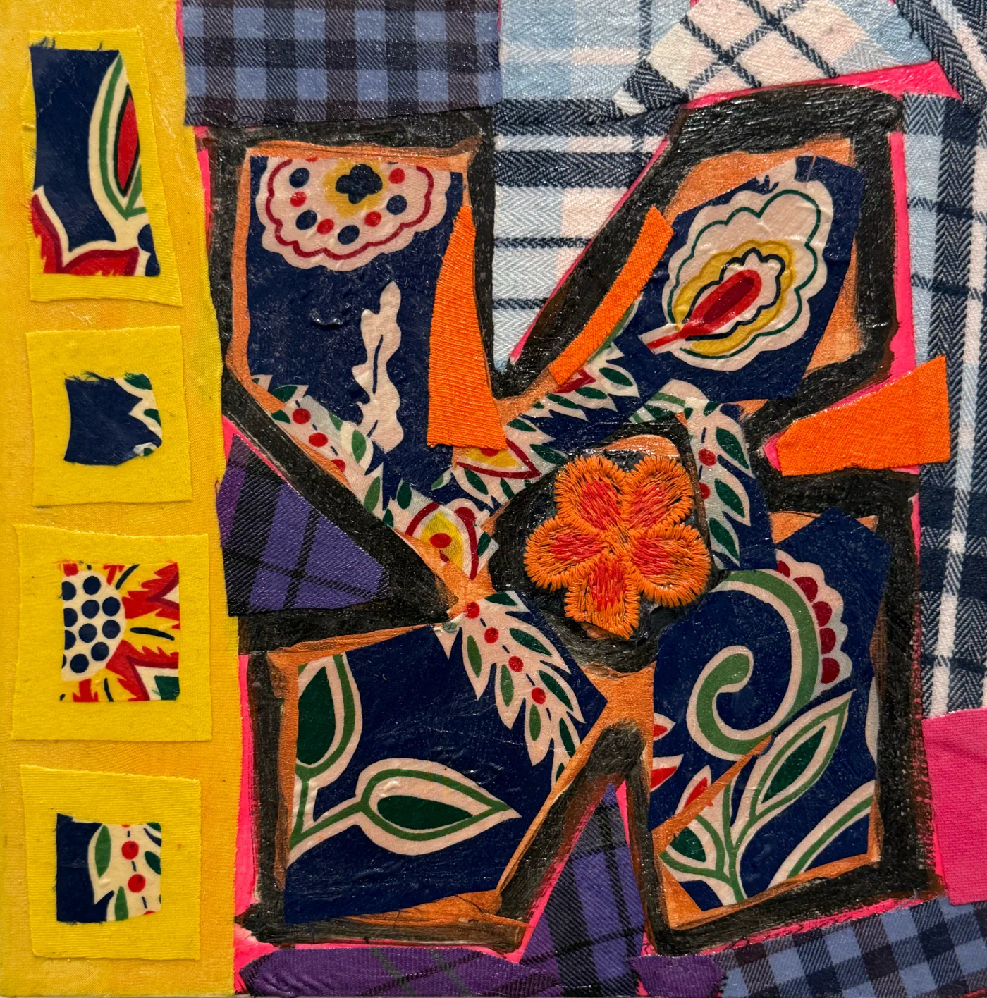 What She Made: Quilt Squares 3, Fabric collage and acrylic on wood panel, 8 × 8 in.
