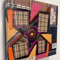 What She Made: Quilt Squares 6, Fabric collage and acrylic on wood panel, 8 × 8 in. (detail 3)