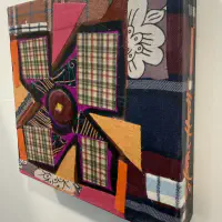 What She Made: Quilt Squares 6, Fabric collage and acrylic on wood panel, 8 × 8 in. (detail 4)