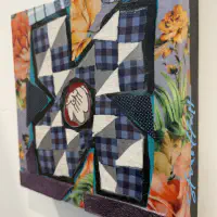 What She Made: Quilt Squares 7, Fabric collage and acrylic on wood panel, 8 × 8 in. (detail 3)