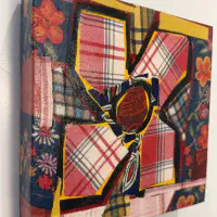 What She Made: Quilt Squares 8, Fabric collage and acrylic on wood panel, 8 × 8 in. (detail 3)