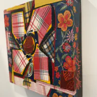 What She Made: Quilt Squares 8, Fabric collage and acrylic on wood panel, 8 × 8 in. (detail 4)